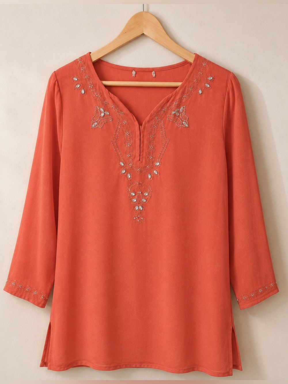 Indian Coral Orange Beaded Embroidered V-Neck Tunic Top